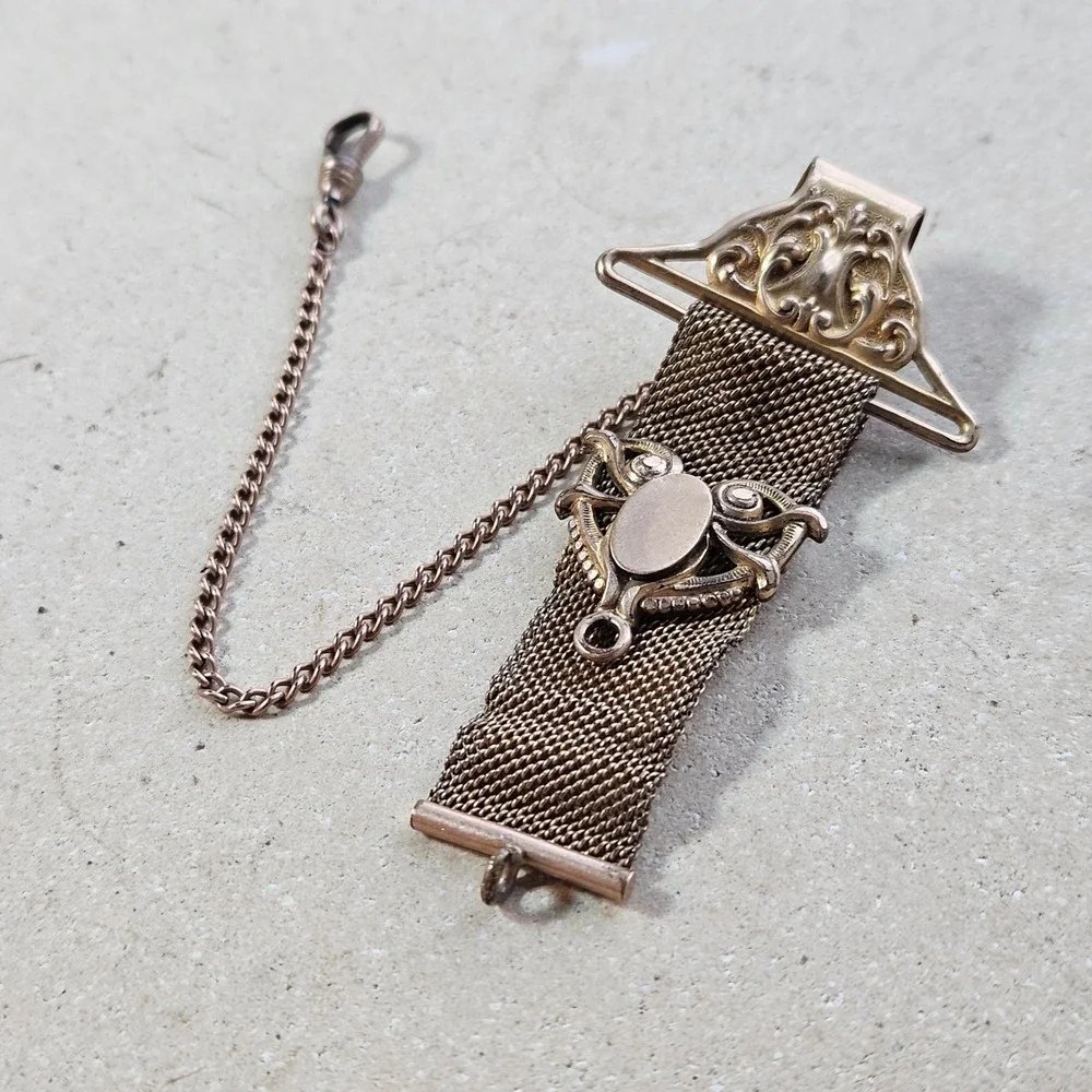 Antique Edwardiann Hum‎ & Co Gold Fill Mesh Pocket Watch Fob Clip Patent 1903